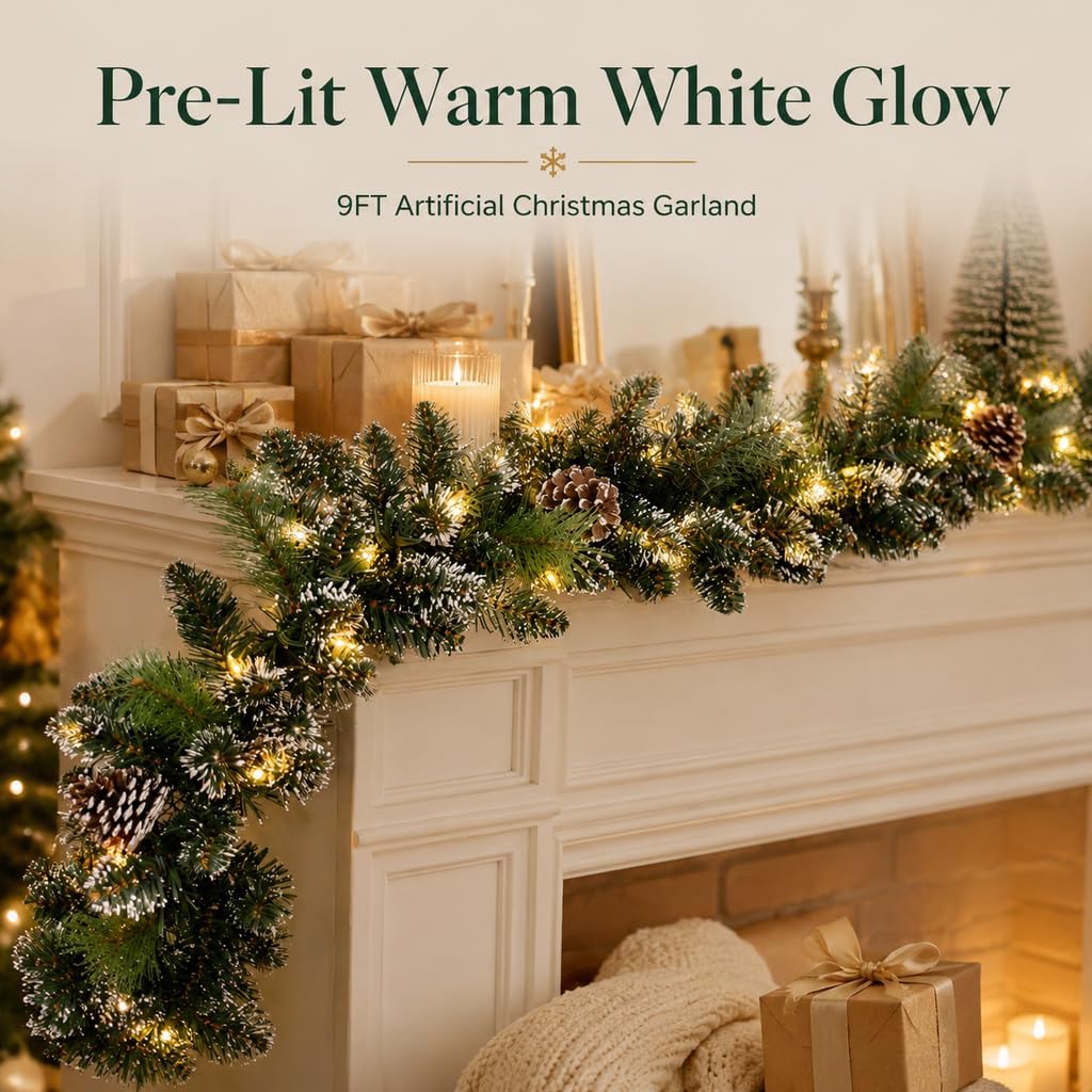 Pre-Lit Christmas Garland, Artificial Holiday Garland with 50 Plug-in Lights, Pine Cone Decorations for Fireplace