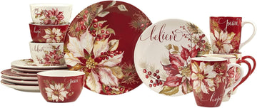Winters Joy 16 Piece Dinnerware Set Service for 4 Multi Color Red White Holiday Casual Round Ceramic Dishwasher Safe