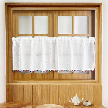 Boho Linen Short Curtain with Colored Wool Balls Embroidery Pompom Curtain Valance Tier Translucent Bathroom Cafe