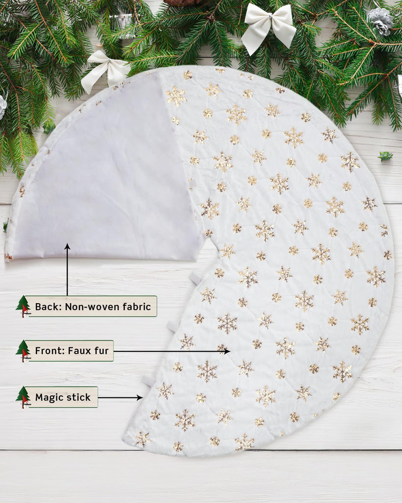 72 Inches Faux Fur Christmas Tree Skirt, Gold Sequin Snowflake
