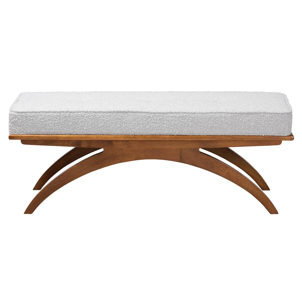 Orella Japandi Light Grey Boucle Fabric and Walnut Brown Finished Wood Bench