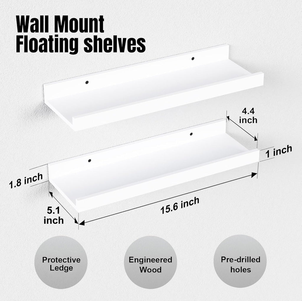 5-Set Floating Shelves with Lip, White Wall Mounted Wood Shelf