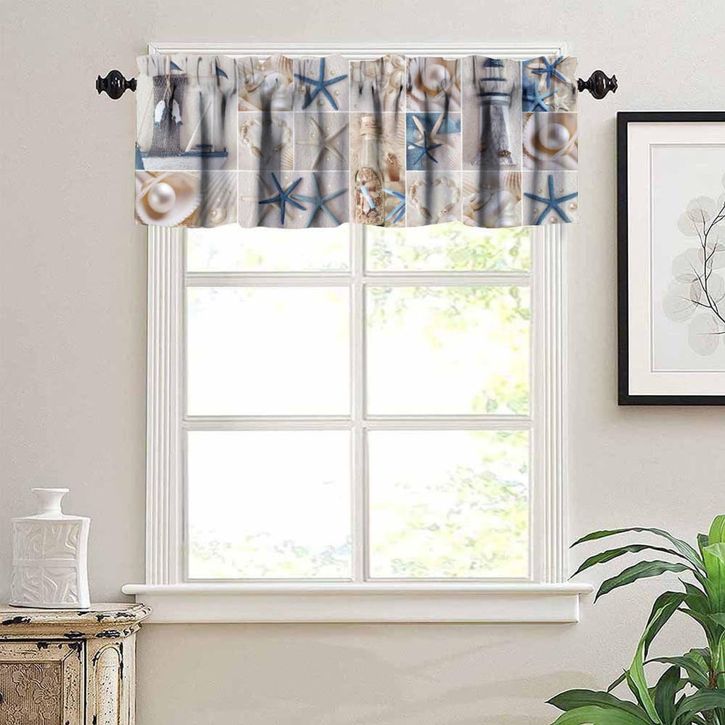 Nautical Valance Curtain Coastal Lighthouse Starfish Collage Plaid Art Printed Window Drapes Kitchen Decor W54xL18in