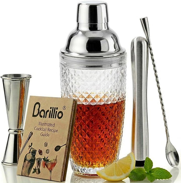 Glass Cocktail Shaker Set | 14 oz Cobbler Mixer with Bar Tools | Bartender Kit with Measuring Jigger, Mixing Spoon