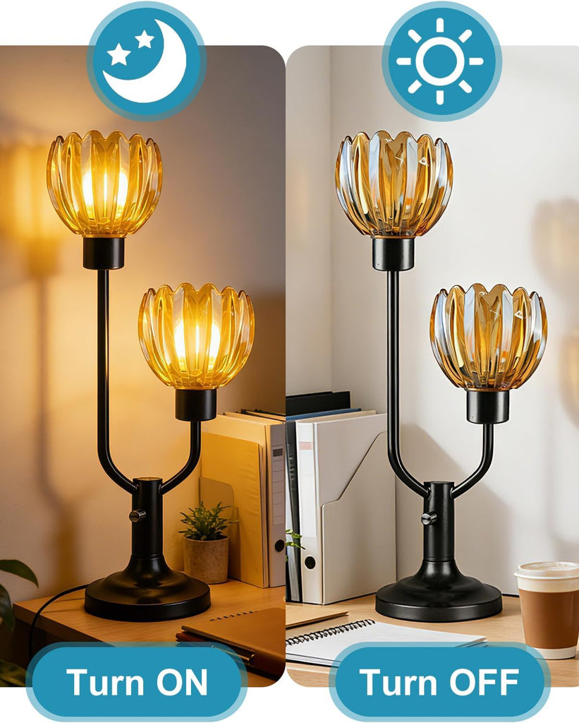 Mid Century Modern Glass Table Lamp Black Dimmable Desk Lamps with Brown Glass Shades 2 Bulbs Included 3000K Warmwhite