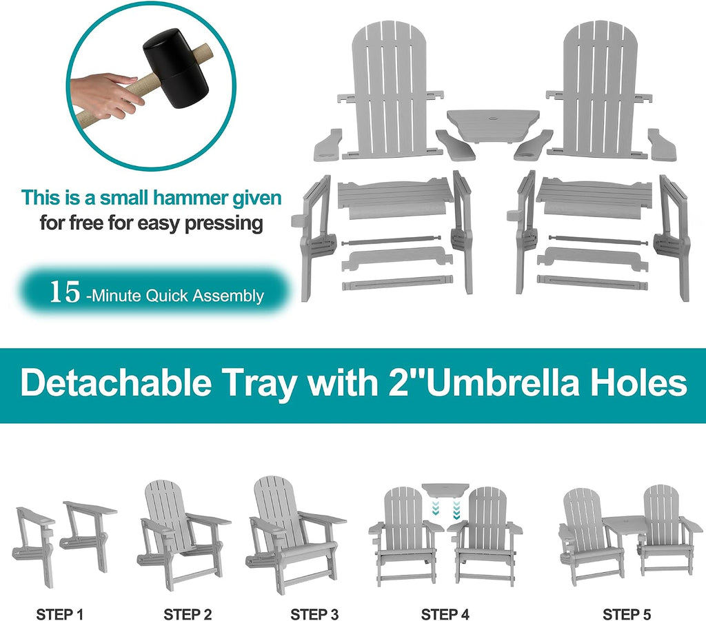 JY QAQA Outdoor Adirondack Chair Set of 2, All-Weather HDPE Patio Furniture with Detachable Table, Wood Texture & Cup