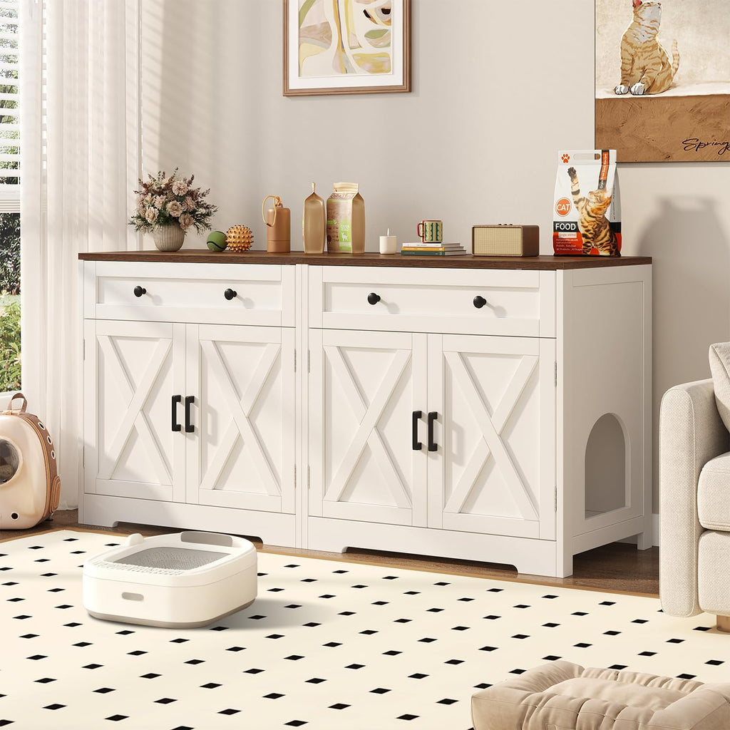 Cat Litter Box Enclosure with Storage Drawers, White