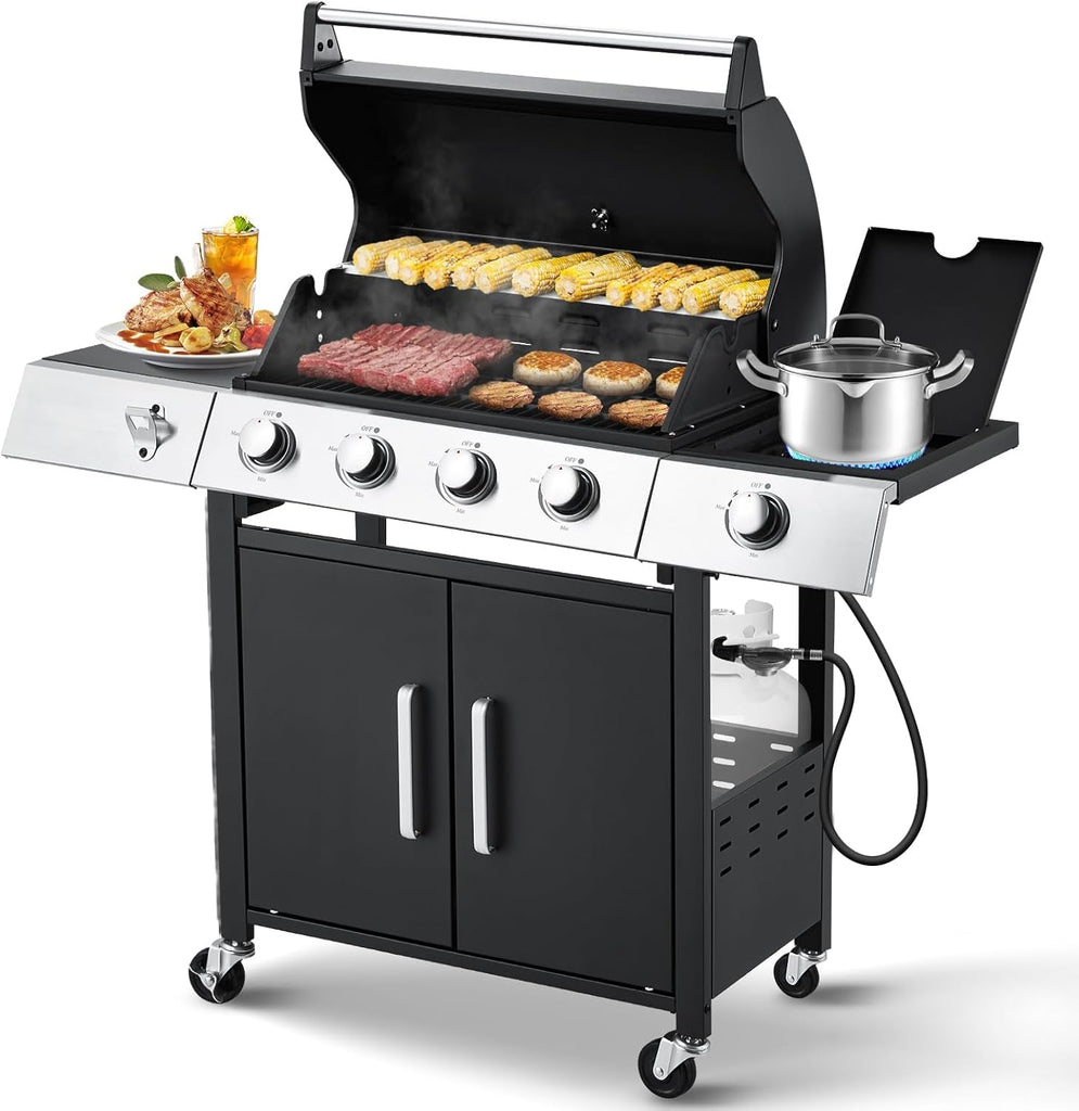 4-Burner Propane Gas Grill, 44,000 BTU BBQ Grill with Side Burner and Cast Iron Grates, Stainless Steel Outdoor Grill for Patio and Camping