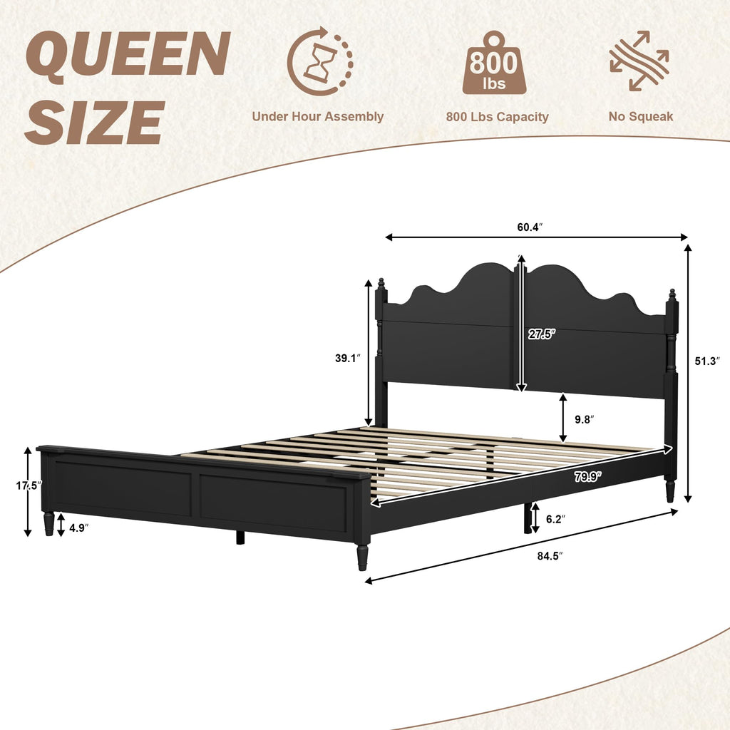 Vintage Bed Frame with Curved Headboard, Black Wood Platform Bed