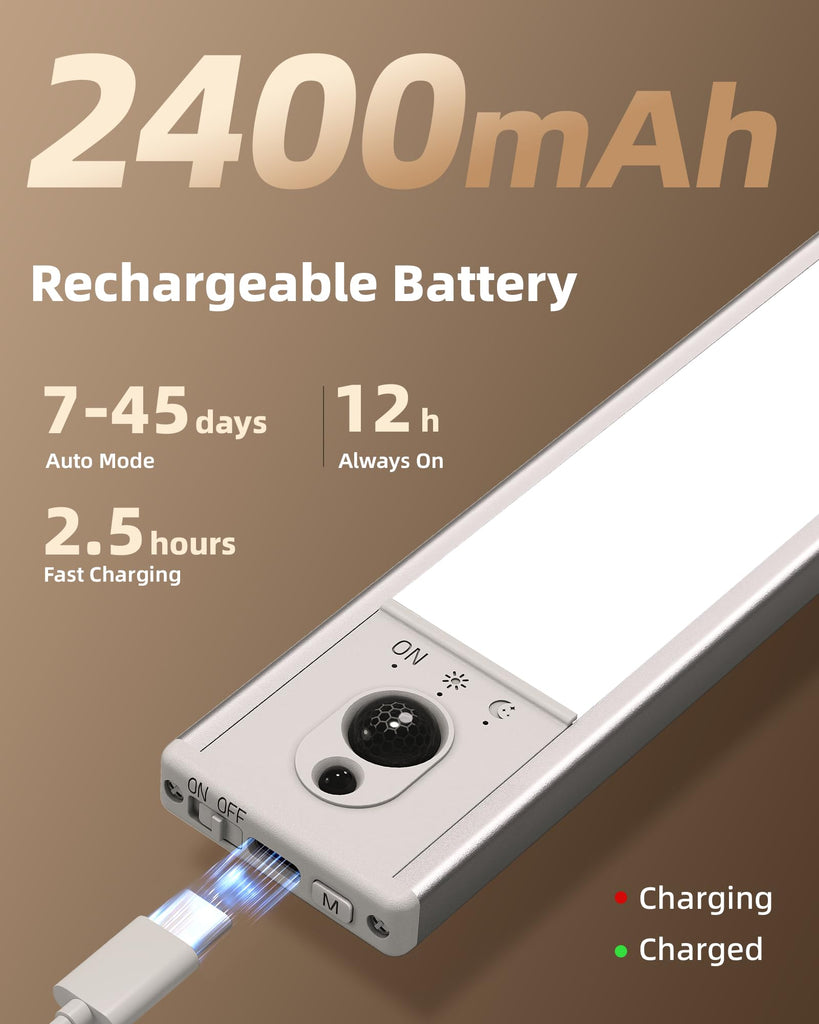 Under Cabinet Lighting with Charging Station, Rechargeable Motion Sensor Light Indoor, Dimmable Closet Lights