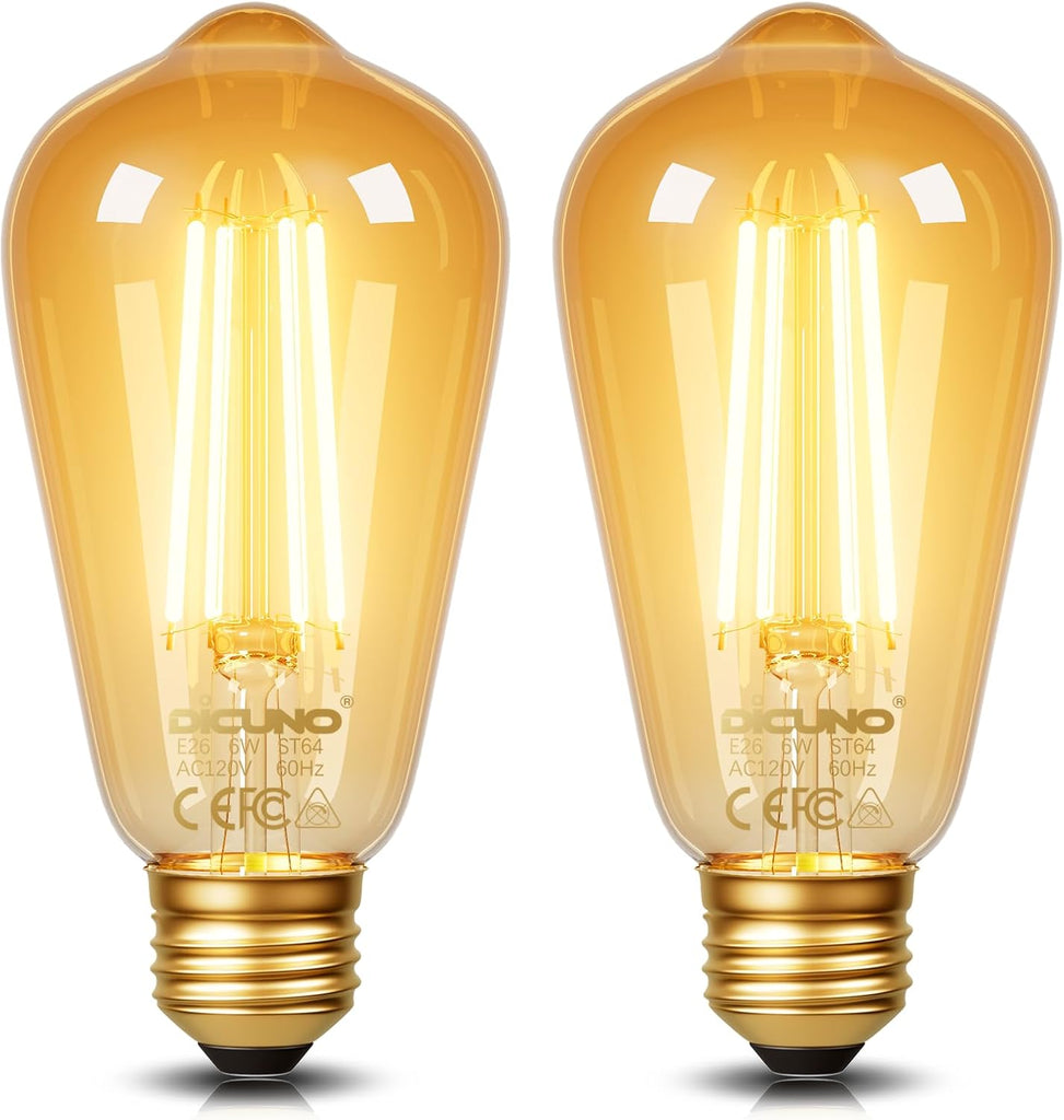 E26 Edison Bulbs 60W, 2200K Amber Warm, 6W LED Edison Bulb ST64, Amber Glass, Vintage LED Light for Home, 600LM, Non