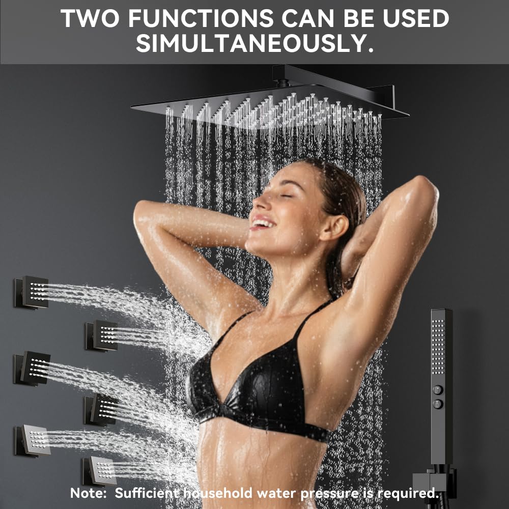 Matte Black Shower System with Body Jets, 12 Inch Rainfall Shower and Handheld Spray, Wall Mounted Full Body Shower