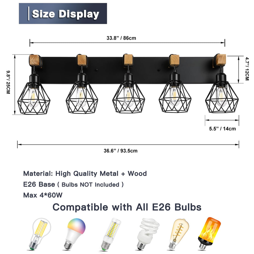 5 Light Bathroom Vanity Light, Farmhouse Black Fixture Over Mirror
