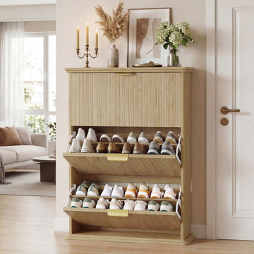 Natural Wood Hidden Shoe Storage Cabinet, Narrow Shoe Rack Cabinet with 3 Flip Drawers, Freestanding Shoe Organizer