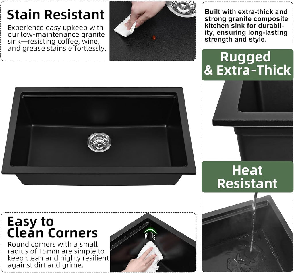 30 Inch Black Granite Sink Workstation, 30 x 18 Black Undermount/Drop Sink, Deep Quartz Composite Single Bowl with