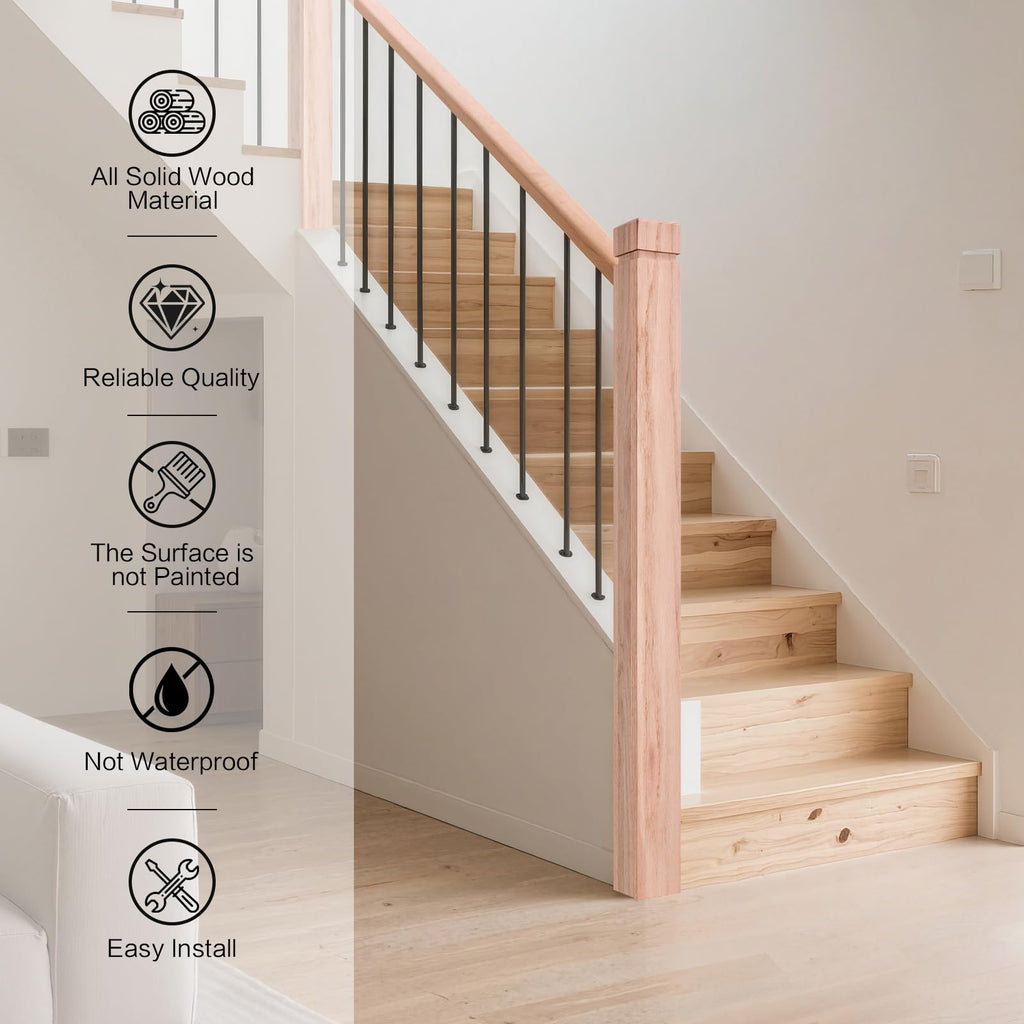3.5" x 47" Red Oak Wood Stair Newel Post with a Single Groove Notched Newel Wood Balusters for Staircase Interior and