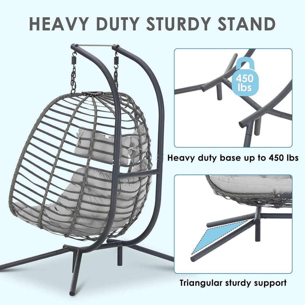 Double with Stand, Large Hand-Woven Wicker Rattan Hanging Egg Chair for 2 People, Porch Hammock Swing Loveseat with