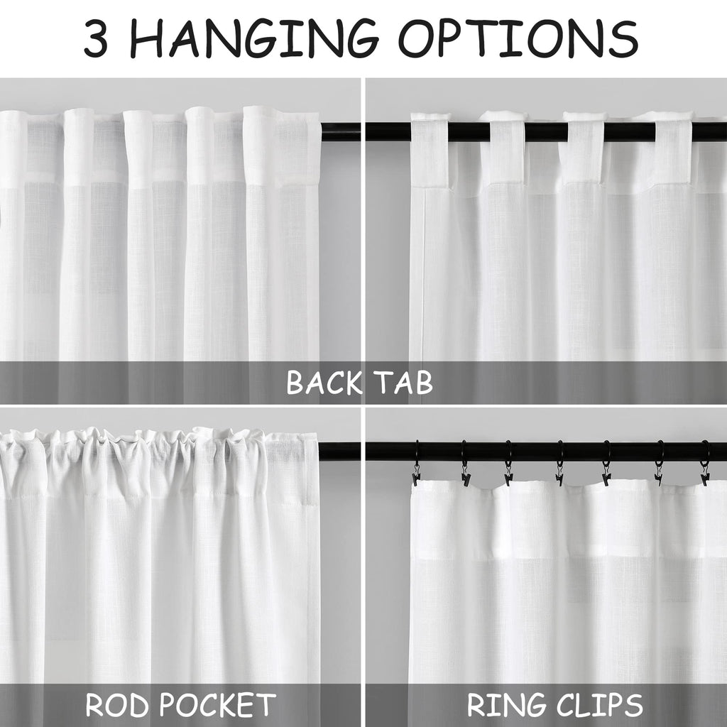 38 inch Width White Semi Sheer Linen Curtains 90 inches Long Back Tab Modern Farmhouse Boho Coastal Decor Cotton