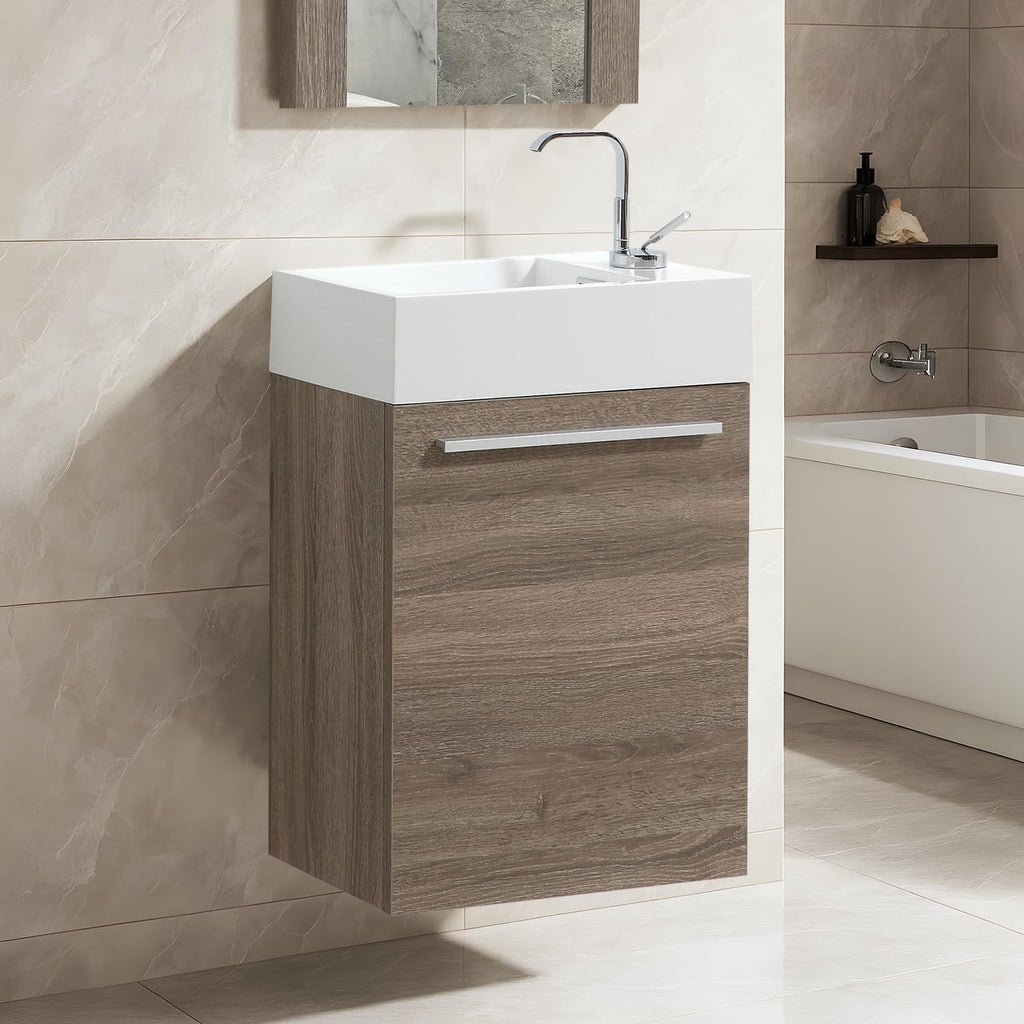 18-Inch Floating Bathroom Vanity with Sink & Mirror – Space-Saving Wall-Mounted Cabinet, Glossy White