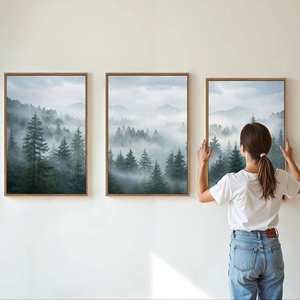 Large Misty Forest Framed Canvas Wall Art Set, Dark Green Pine Tree Artwork, Modern Nature Landscape Wall Decor
