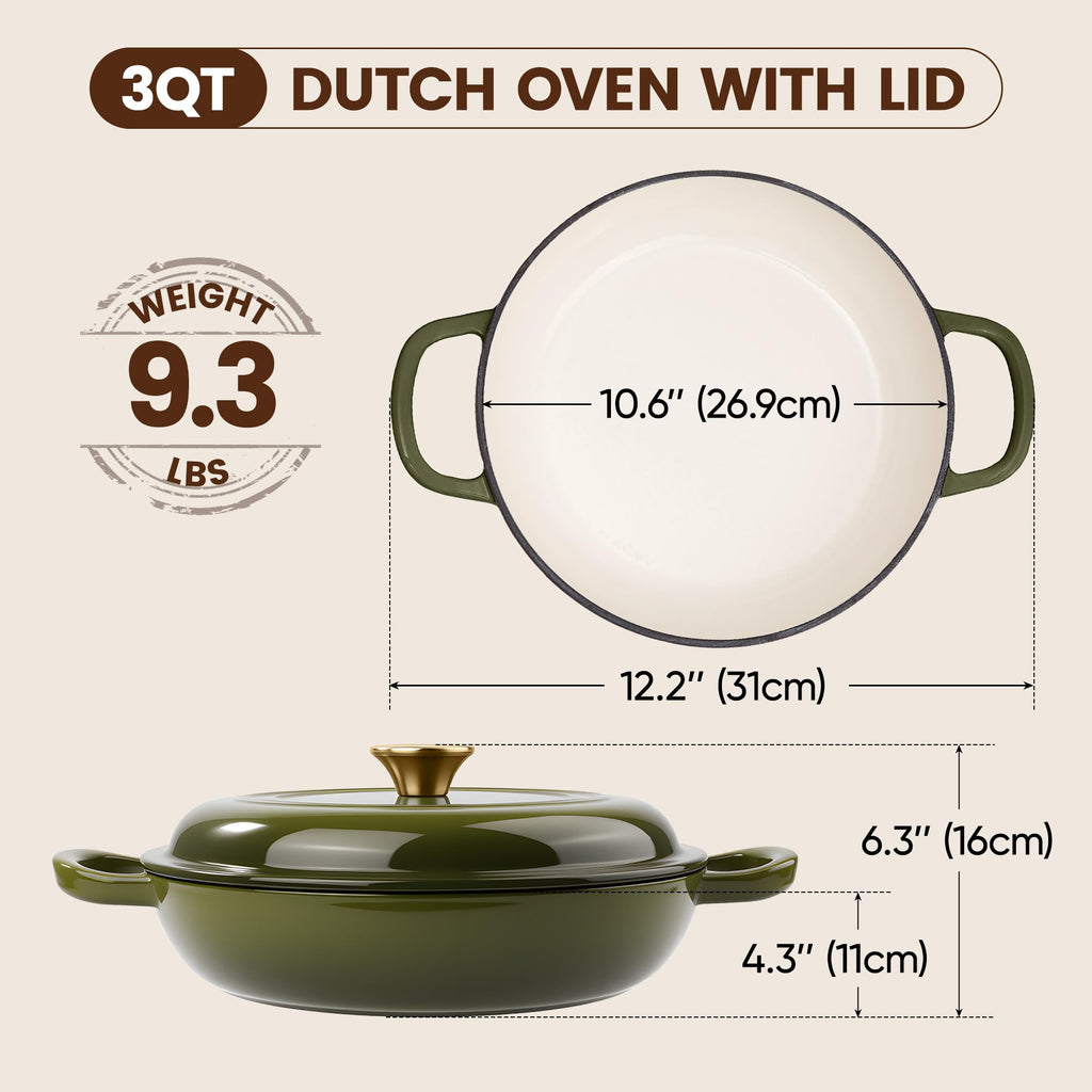 Vintage Style 3 Quart Enameled Cast Iron Braiser, Non Stick Enameled Cast Iron Skillet with Lid, Dutch Oven Skillet