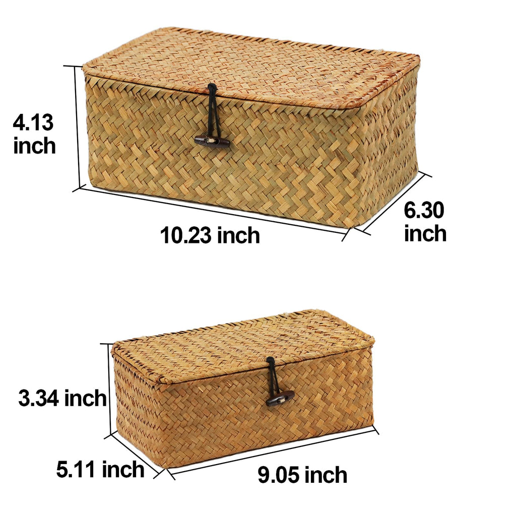 Set of 2 Wicker Basket with Lid, Seagrass Woven Basket for Storage