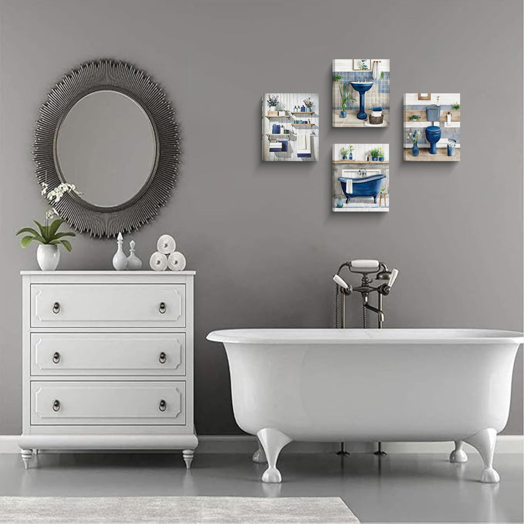 Framed Navy Blue Bathroom Wall Art, Bathroom Pictures Wall Decor Blue 4 Set