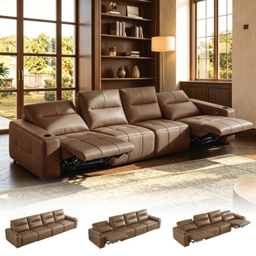 Power Recliner Sofa Genuine Leather Wall Hugger Recliners with USB Port 4-Seater Sofas with 2 Cup Holders, Brown