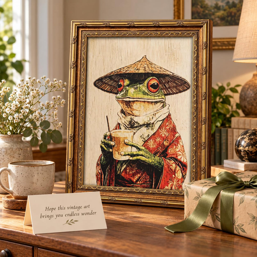 Vintage Gold Framed Funny Japanese‐Style Ukiyo‐e Frog Canvas Wall Art