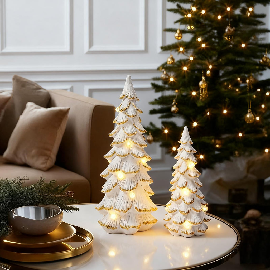 Christmas Trees Figurine White Light Up, 2Pcs Christmas Tree