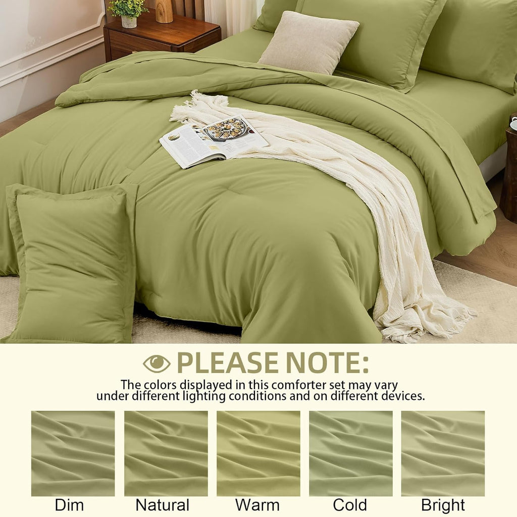 Queen Comforter Set Olive Green, 7 Pieces Soft Bedding Sets Queen, All Season Lightweight Bed in a Bag with Comforter