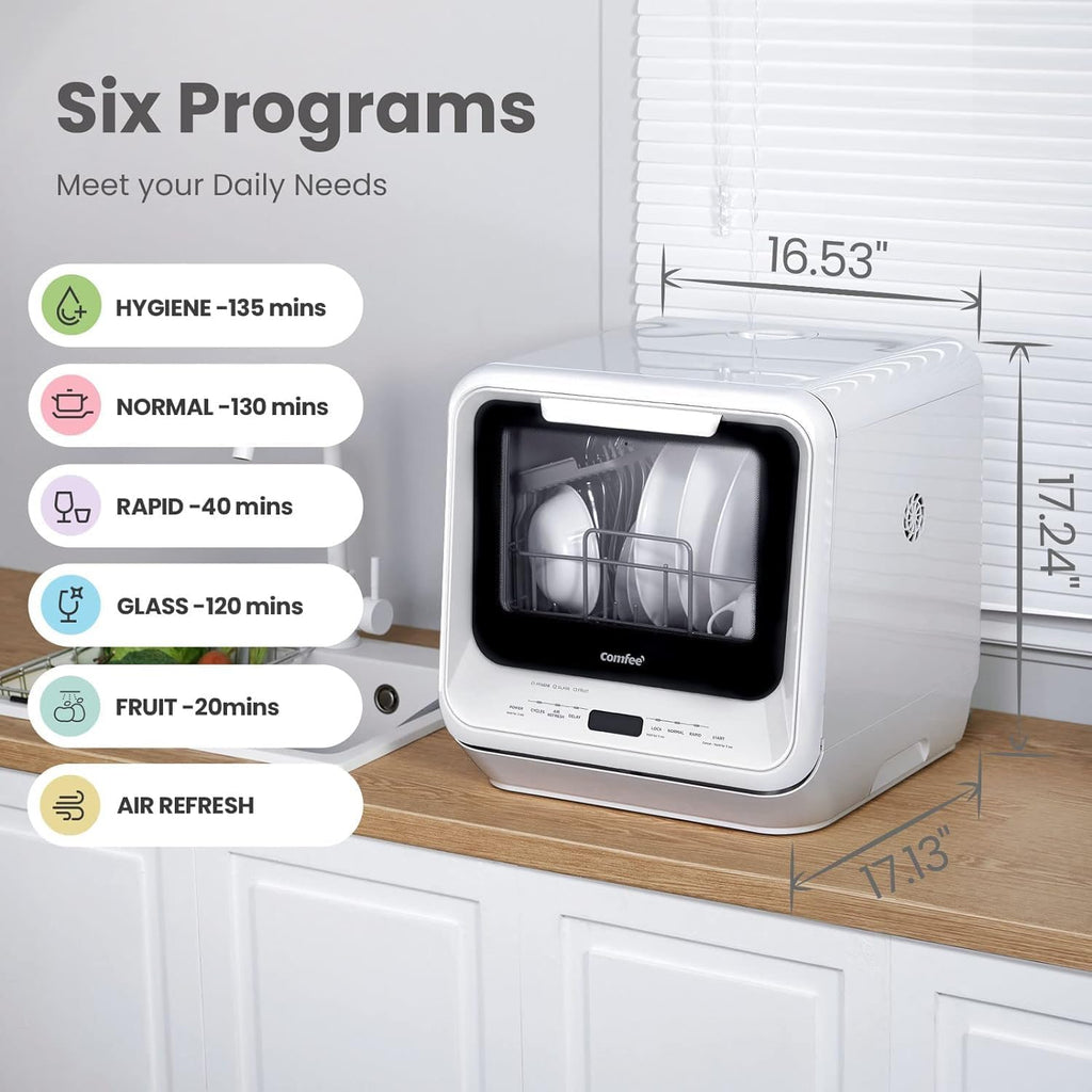 Portable Dishwasher Countertop with 5L Built-in Water Tank, No Hookup Needed, 6 Programs, 360° Dual Spray