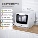 Portable Dishwasher Countertop with 5L Built-in Water Tank, No Hookup Needed, 6 Programs, 360° Dual Spray