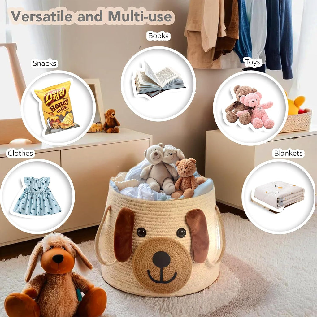 Large Dog Woven Basket with Handles - Toy Storage Bin, Baby Gift & Animal Nursery & Cute Laundry Basket, for Clothes
