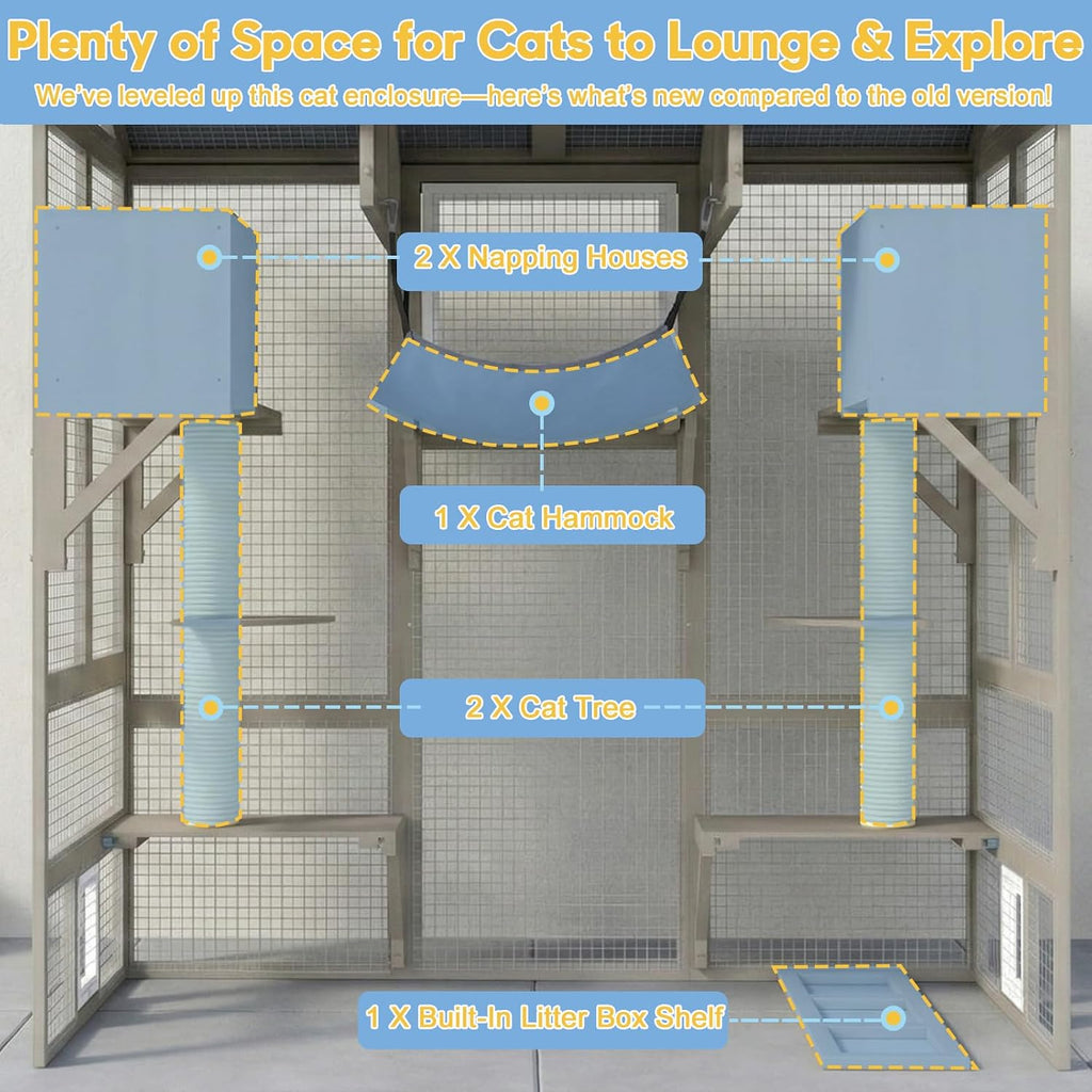 Catio Outdoor Cat Enclosure, Large Walk-in Cat House with Flat Roof