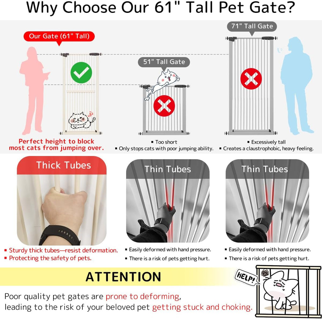 61.02" Extra Tall Pet Gate for Cat Dog 26.38"-30.11" Wide Cream