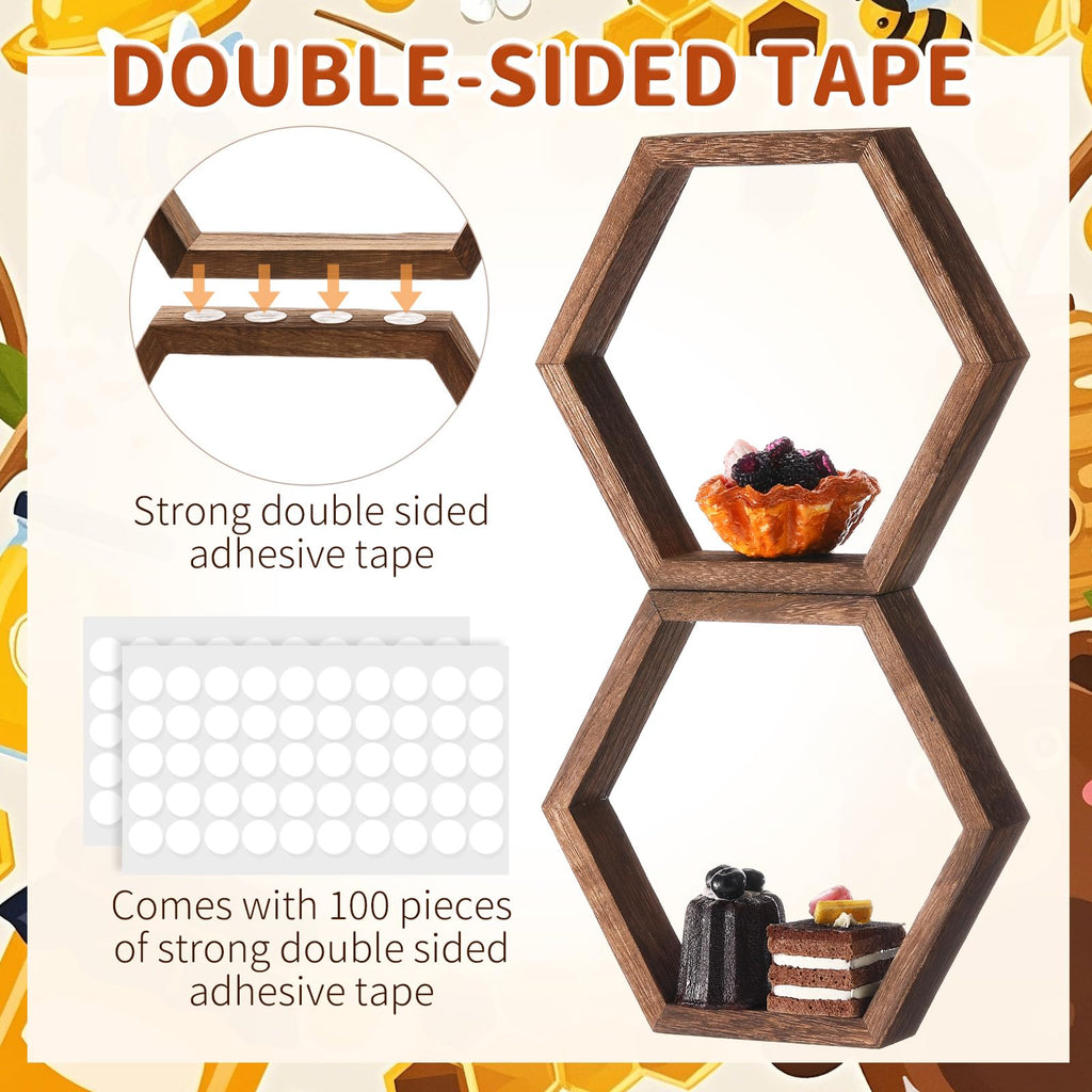 Honey Comb Decorations 5 Size Wood Hexagon Shelves, Dark Brown, 5 Pcs