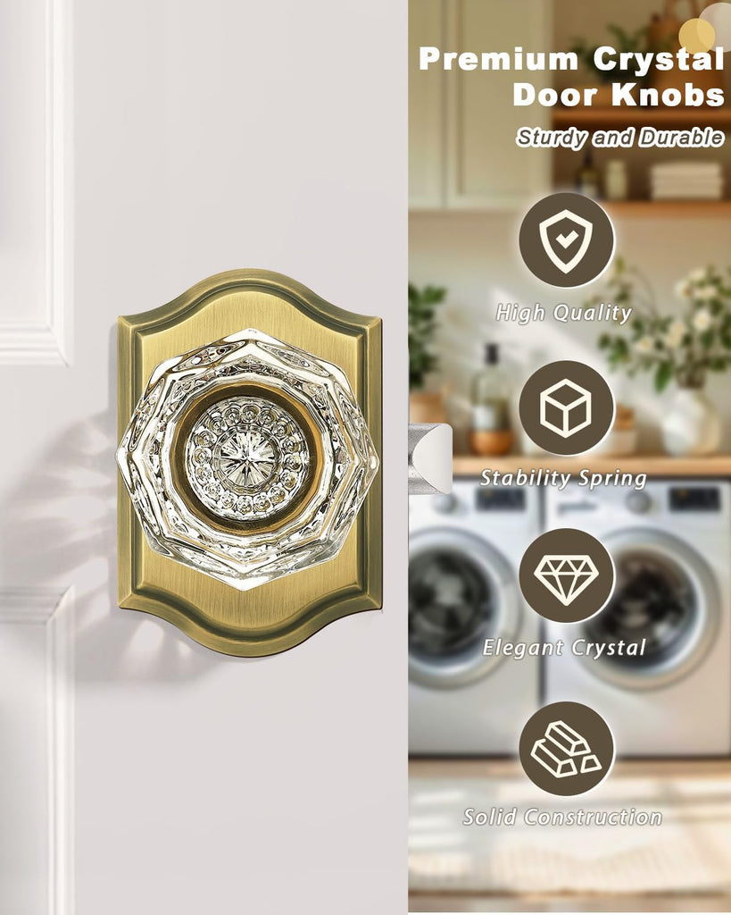 5 Pack Passage Crystal Door Knobs in Antique Brass for Hall Closet Laundry Room,Clear Octagon Shape,Keyless Outside