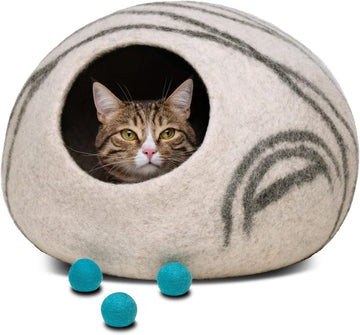 Premium Felt Cat Bed Cave (Light Grey/Medium) and Wool Ball Toys (6-Pack) Bundle