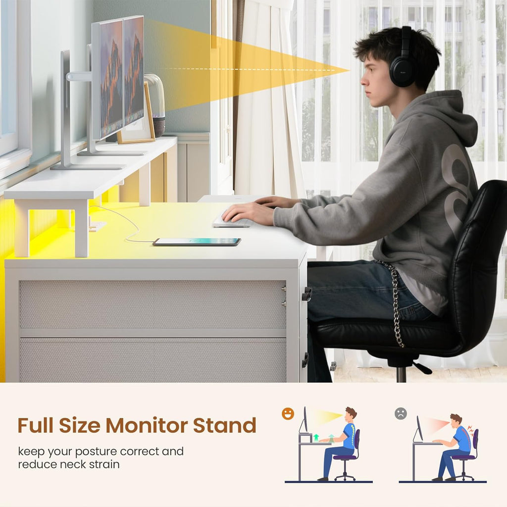 White Computer Desk with 5 Drawer & Power Outlet, 66'' Home Office Desk with File Drawer, Storage Shelves