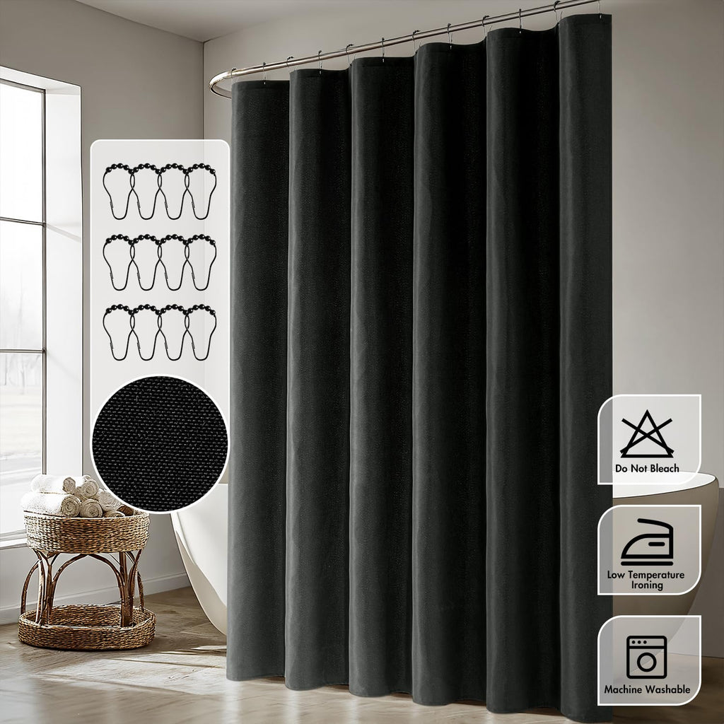 Black Extra Long Linen Fabric Shower Curtain Set - W72xL108