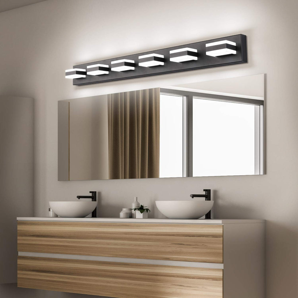 Bathroom Light Feature Modern LED Dimmable Matt Black Bathroom Vanity Light 6 Lights Acrylic Vanity Light Over Mirror