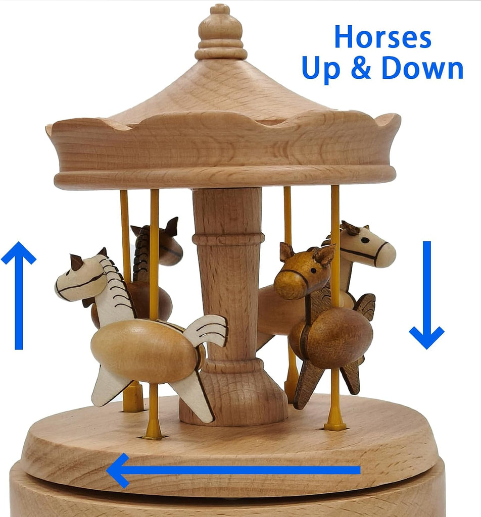 Wooden Carousel Music Box with Moving & Elevating Horses, Rotating Wind-Up Decor, Collectible Mechanical Musical Box