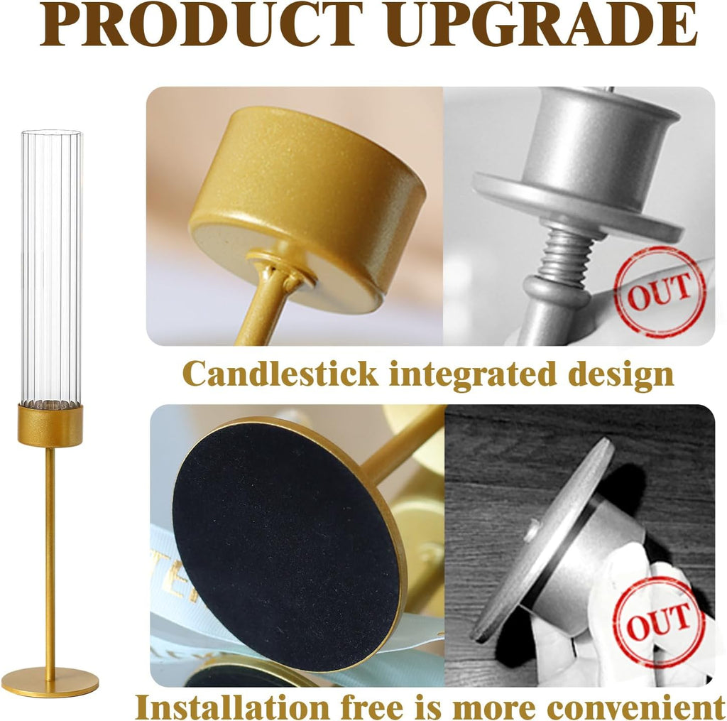 Gold Glass Hurricane Taper Candle Holders Bulk Set of Tall Ribbed Glass Cylinder Candlestick Holders for Wedding