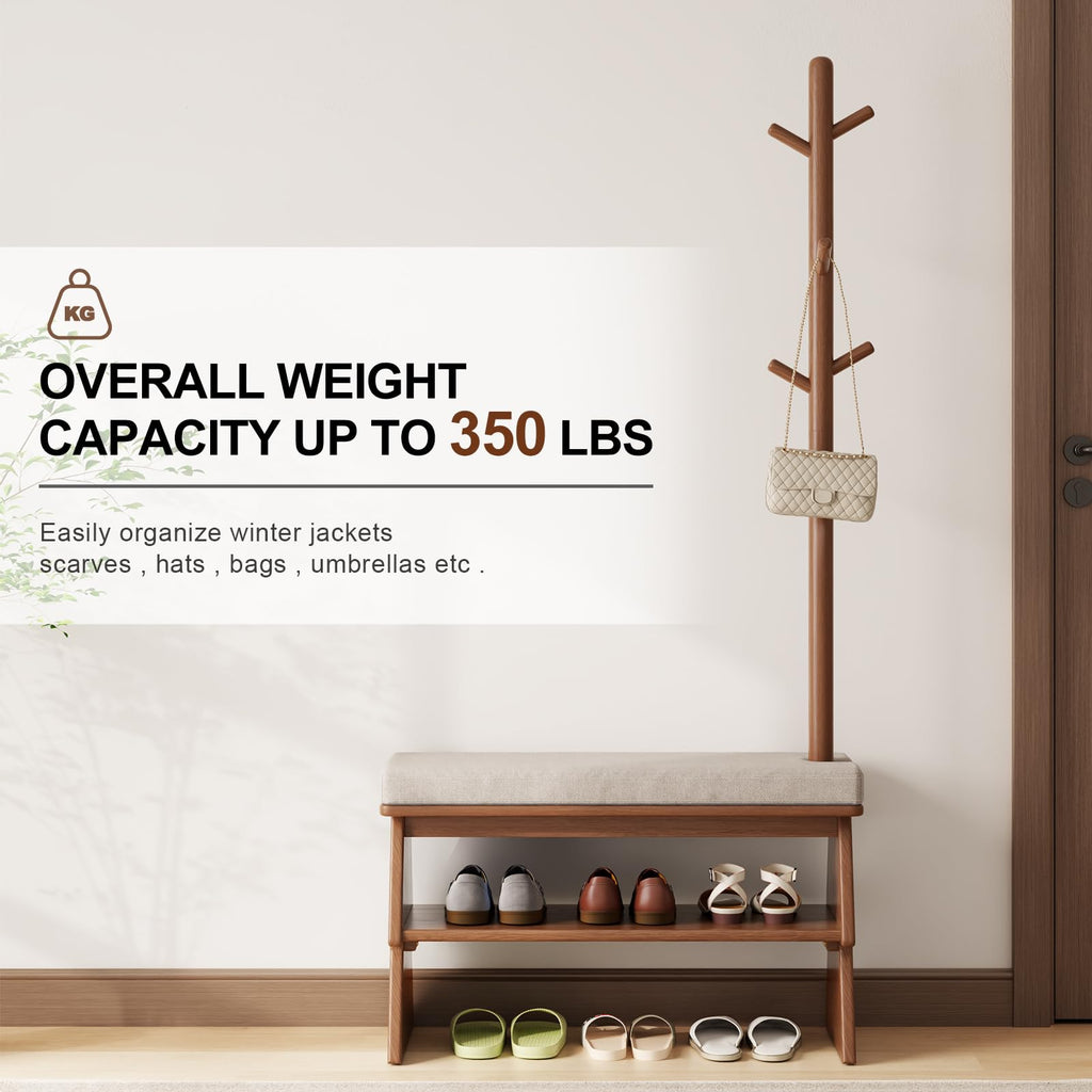 Coat Rack with Shoe Storage, Shoe Rack with 8 Hook, Walnut