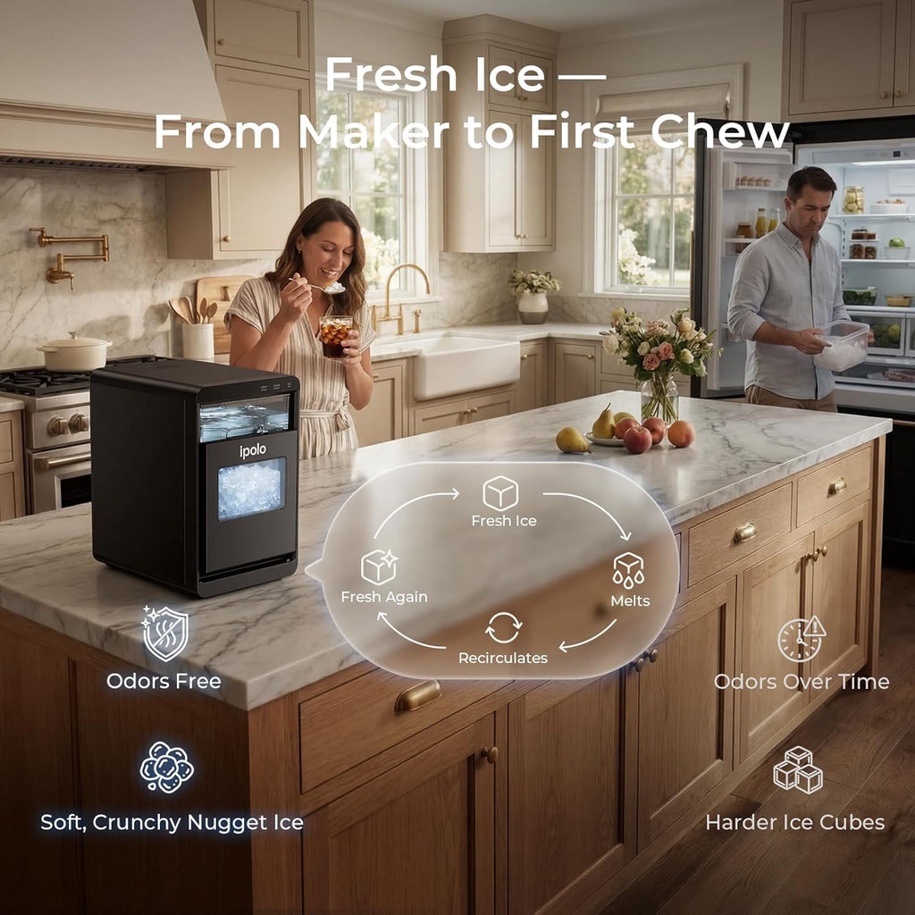 Nugget Ice Maker Countertop: 44lb/Day, Self-Cleaning, Black Stainless Steel, Portable, Soft Chewable Pebble Ice
