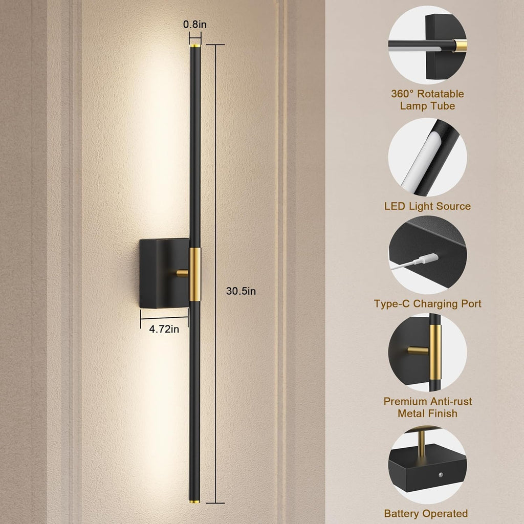 Wall Sconces Set of 2 Battery Operated, Wireless USB Rechargeable Wall Lights with Remote Control, 360° Rotation