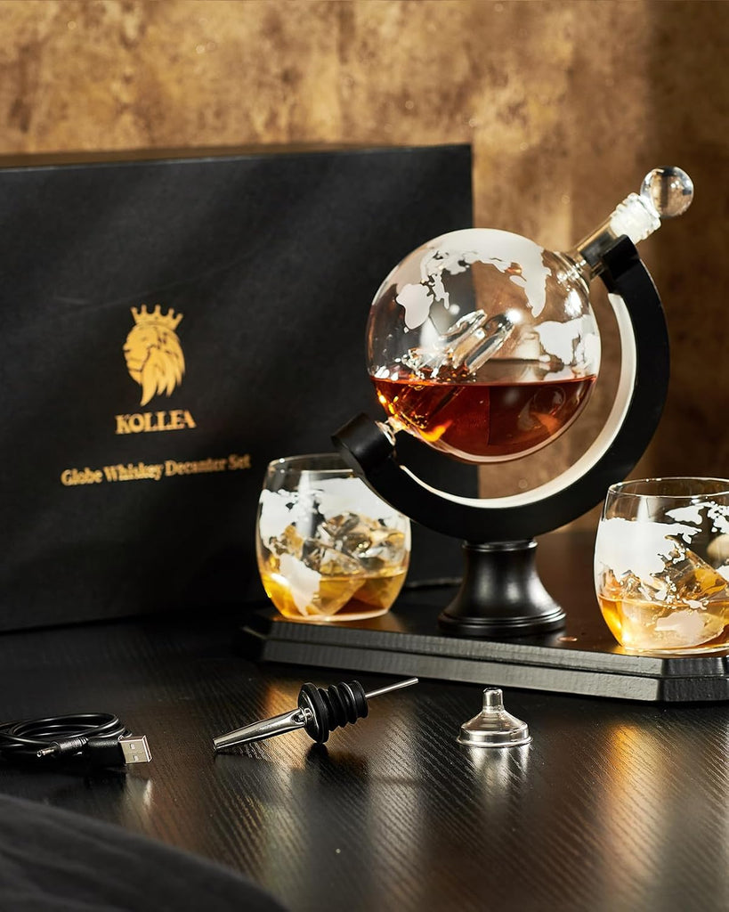 Light Up Globe Whiskey Decanter Gift Set with 2 Glasses