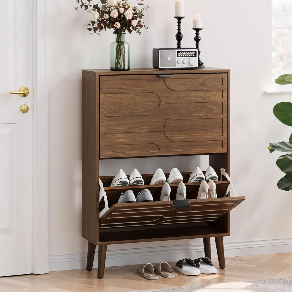Mid-Century Modern Tilt Out Shoe Cabinet Organizer with Geometric Doors, Slim Entryway Shoe Storage, Walnut