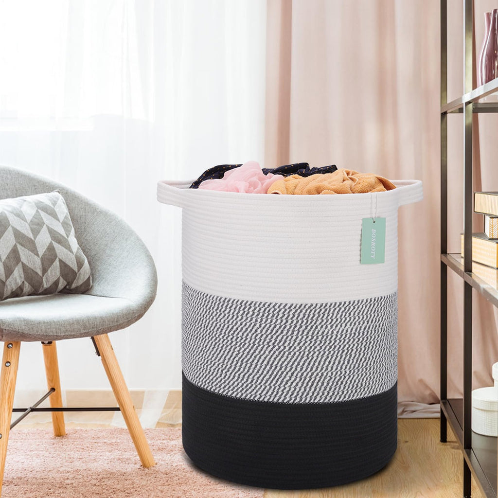 Cotton Rope Blanket Basket, 72L Laundry Hamper, White& Gray& Black
